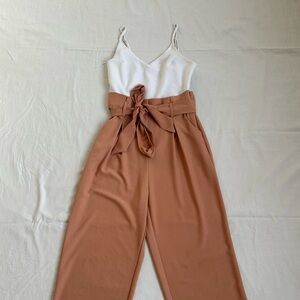 Vici White and Tan Jumpsuit with Tie Waist